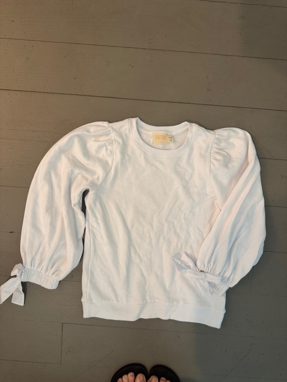 Nation LTD White Puff-Sleeve Sweatshirt with Bow Cuffs
